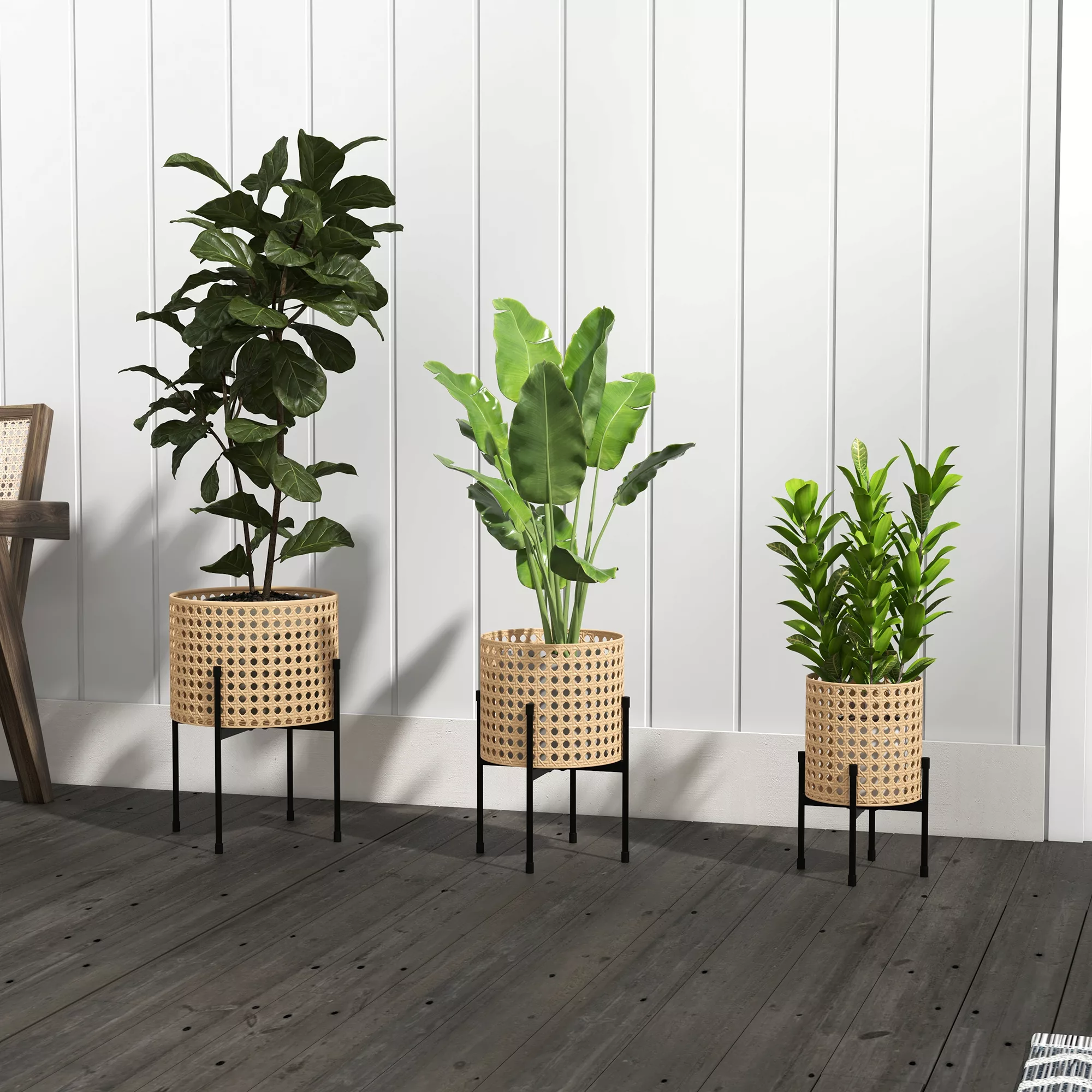 Outsunny 3er-Set Pflanzenständer  Blumenständer mit Rattanoptik, Stahl, Gol günstig online kaufen