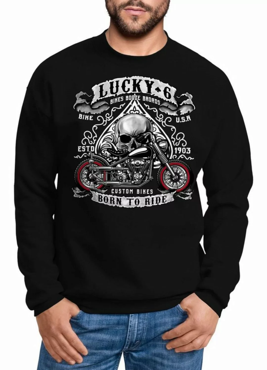 MoonWorks Sweatshirt Sweatshirt Herren Biker Lucky 6 Totenkopf Pik Motorrad günstig online kaufen