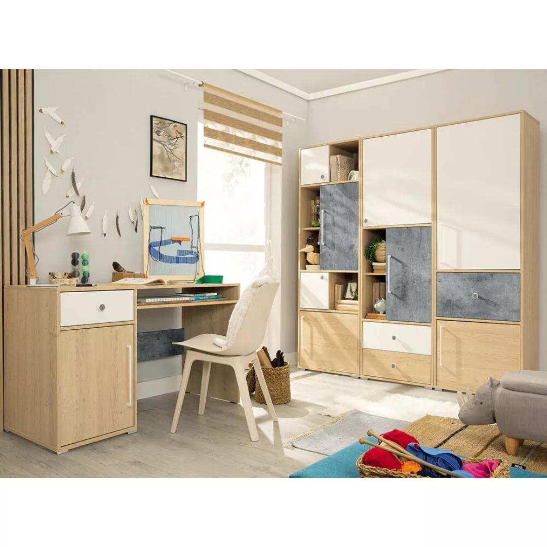 Jugendzimmer Set 4-teilig SPOKANE-133 in Eiche mit weiß und Betonoptik günstig online kaufen