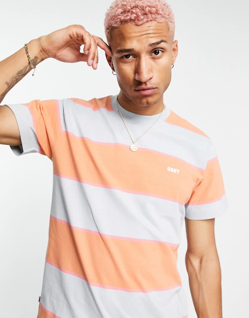 Obey – Marlon – Gestreiftes T-Shirt in Orange günstig online kaufen