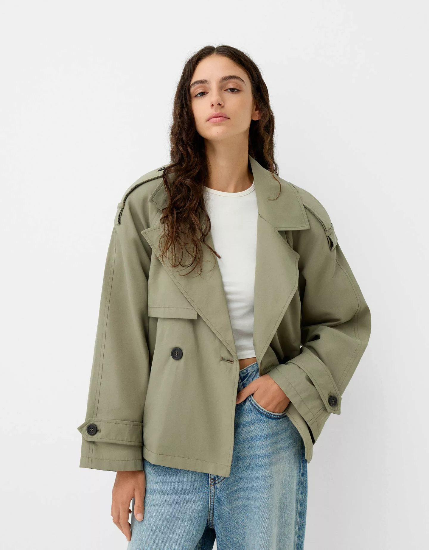 Bershka Kurzer Oversize-Trenchcoat Damen M Khaki günstig online kaufen