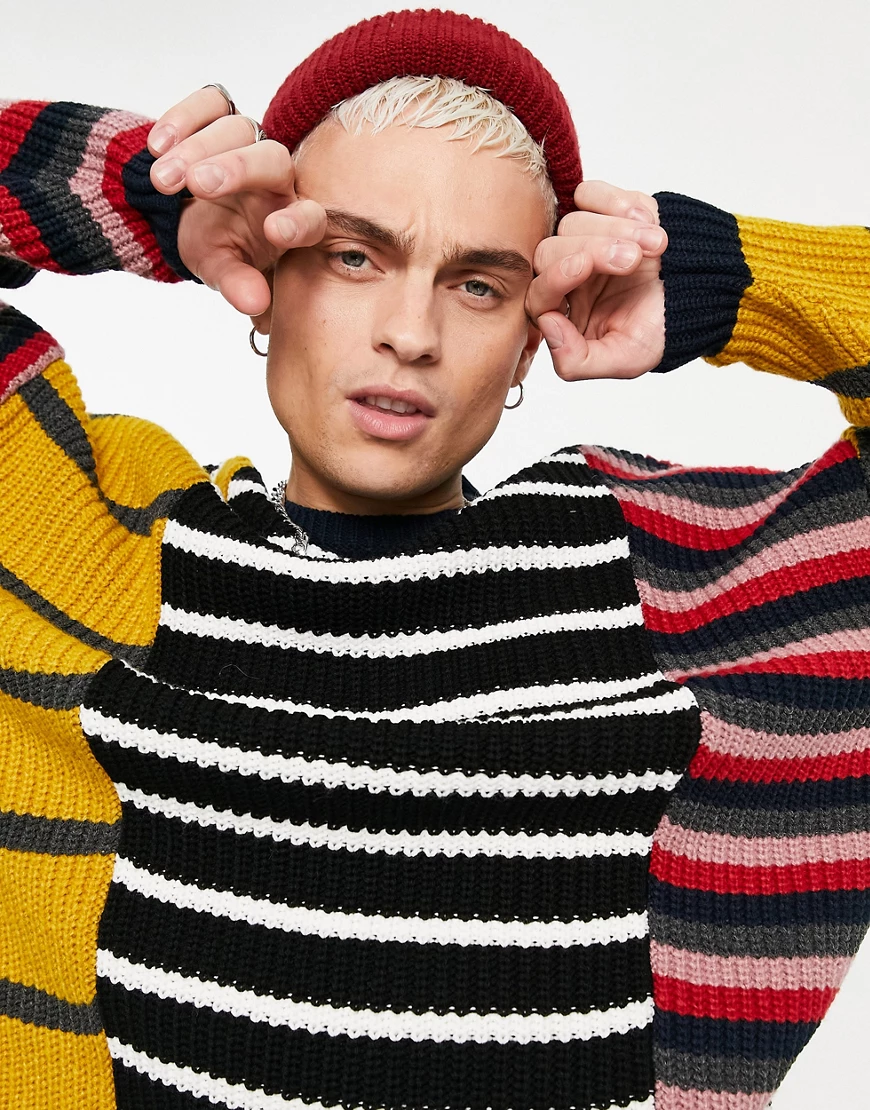 ASOS DESIGN – Mix & Match – Mehrfarbiger Strickpullover mit Streifen günstig online kaufen