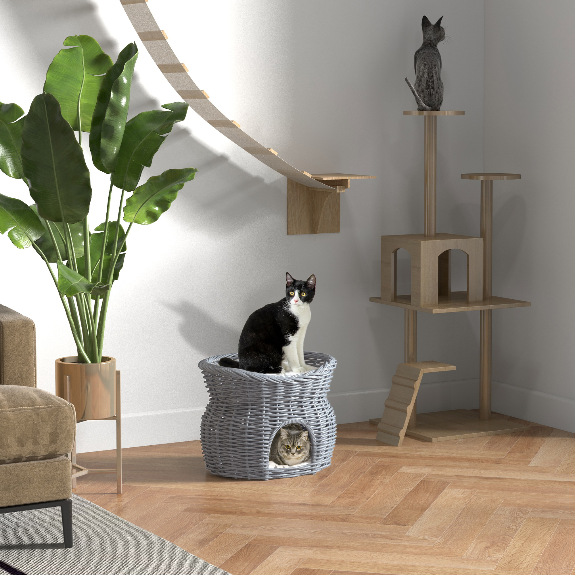 PawHut Rattan Katzenkorb elegante Katzenhütte mit Kissen und Liegedach Haus günstig online kaufen