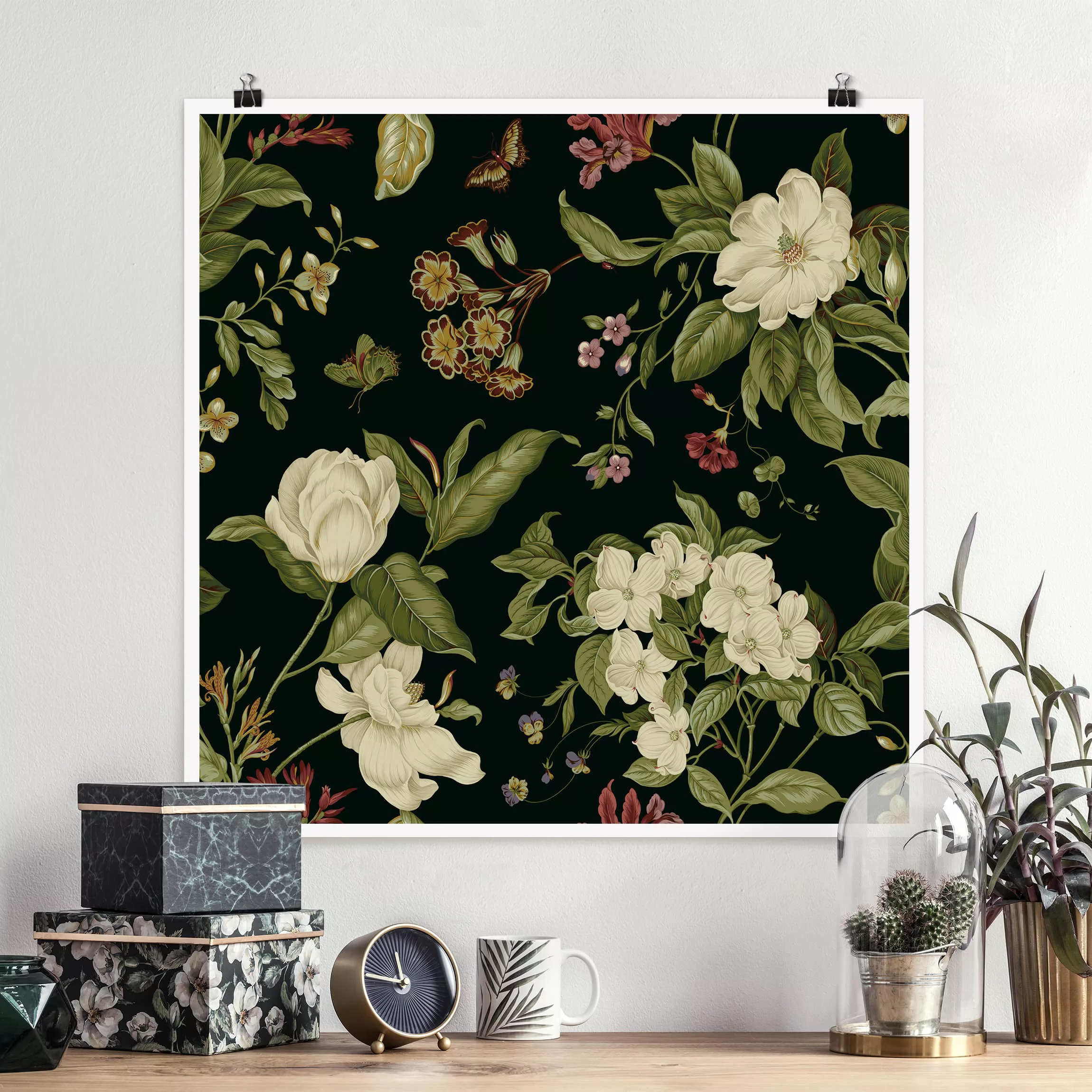 Poster Blumen - Quadrat Gartenblumen auf Schwarz I günstig online kaufen