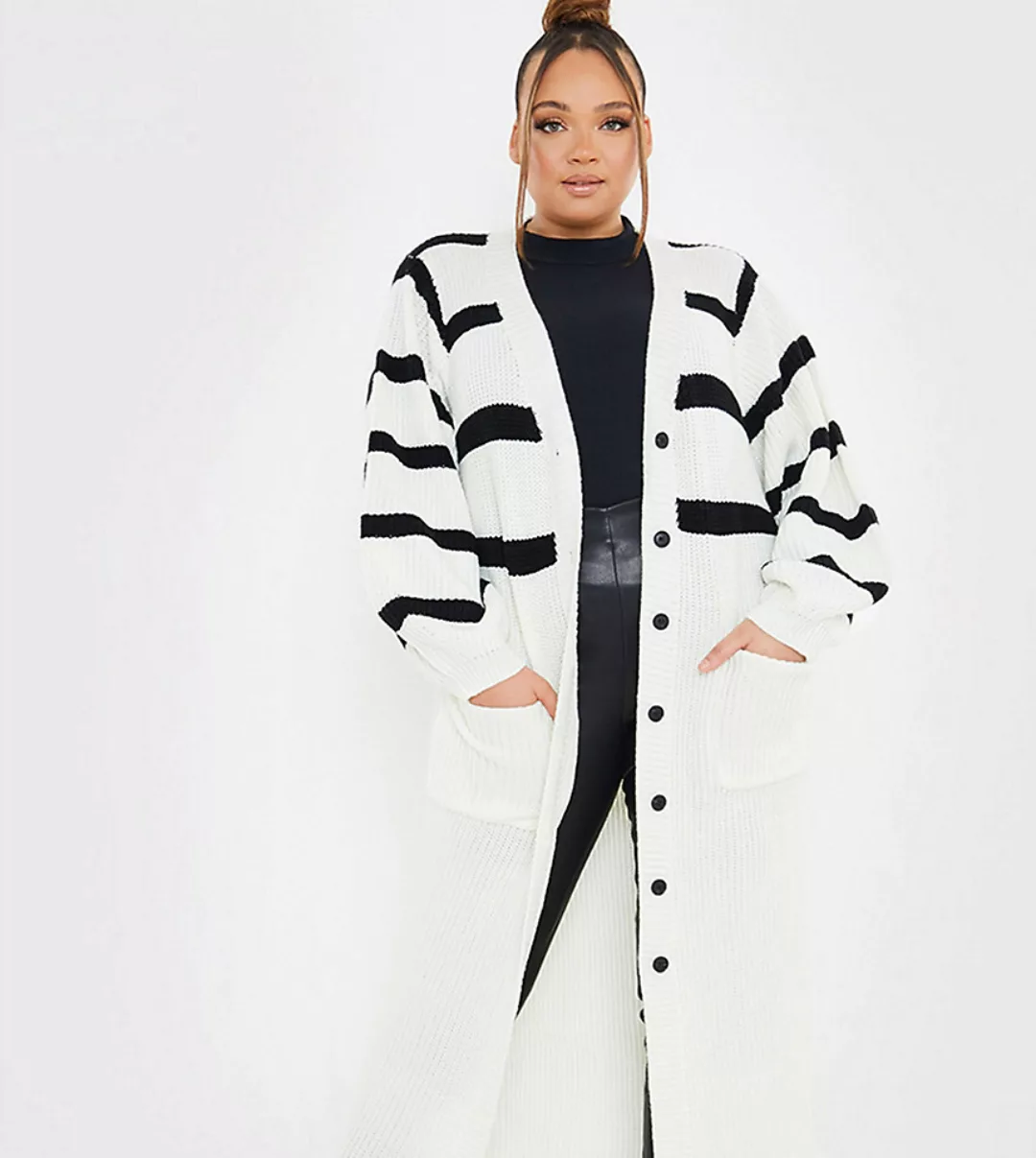 In The Style Plus x Lorna Luxe – Longline Cardigan in Weiß mit Kontraststre günstig online kaufen