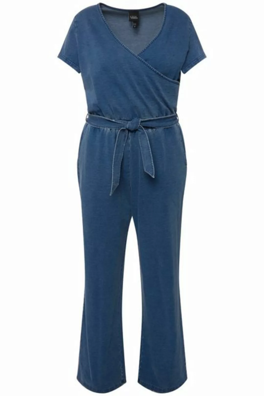 Ulla Popken Culotte Jeans-Jumpsuit weites Bein V-Ausschnitt Halbarm günstig online kaufen