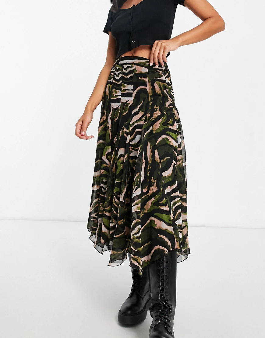 ASOS DESIGN – Midirock aus Chiffon mit Godet-Falten und abstraktem Animal P günstig online kaufen