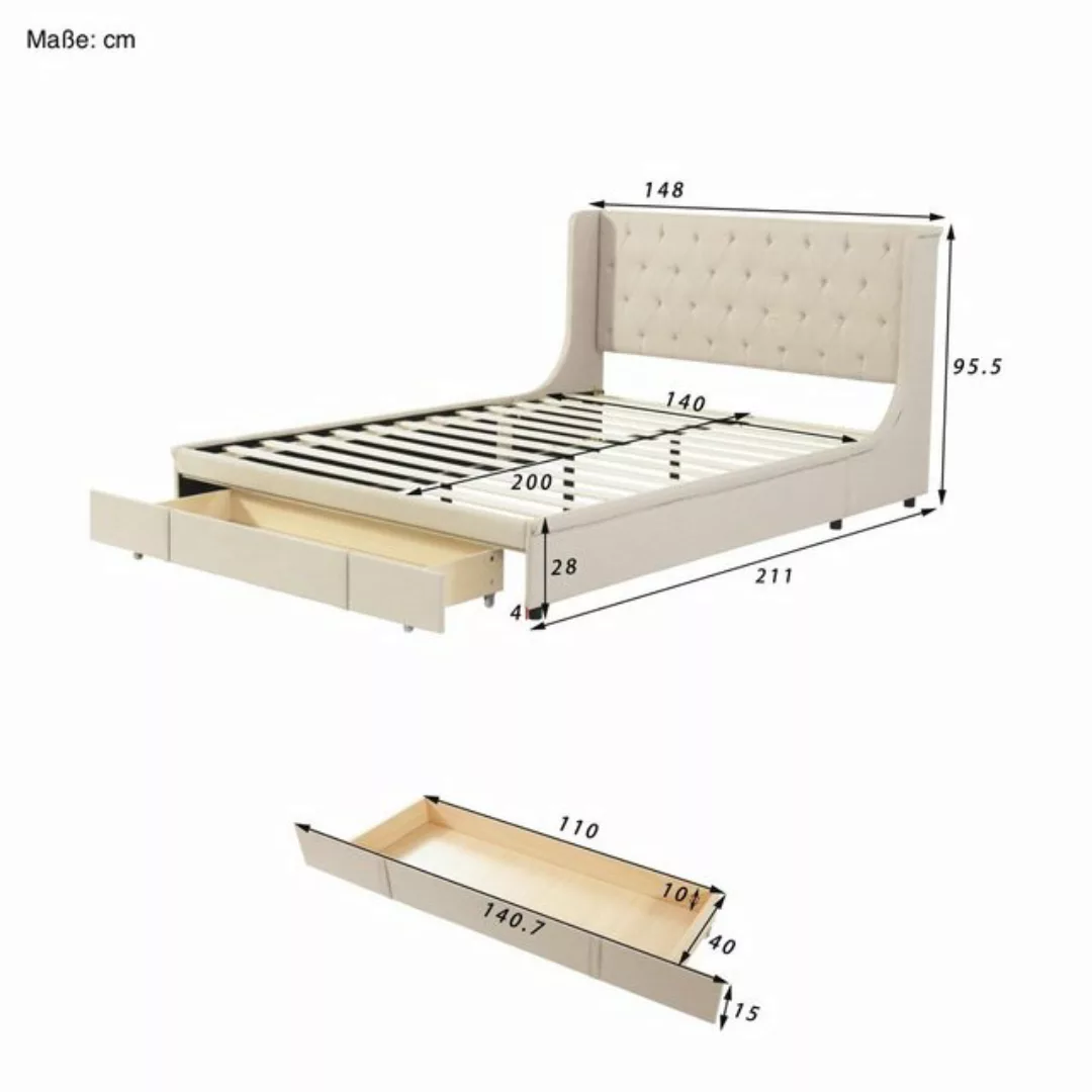 SOFTWEARY Polsterbett mit Lattenrost und Schubladen (140x200 cm), Kopfteil günstig online kaufen