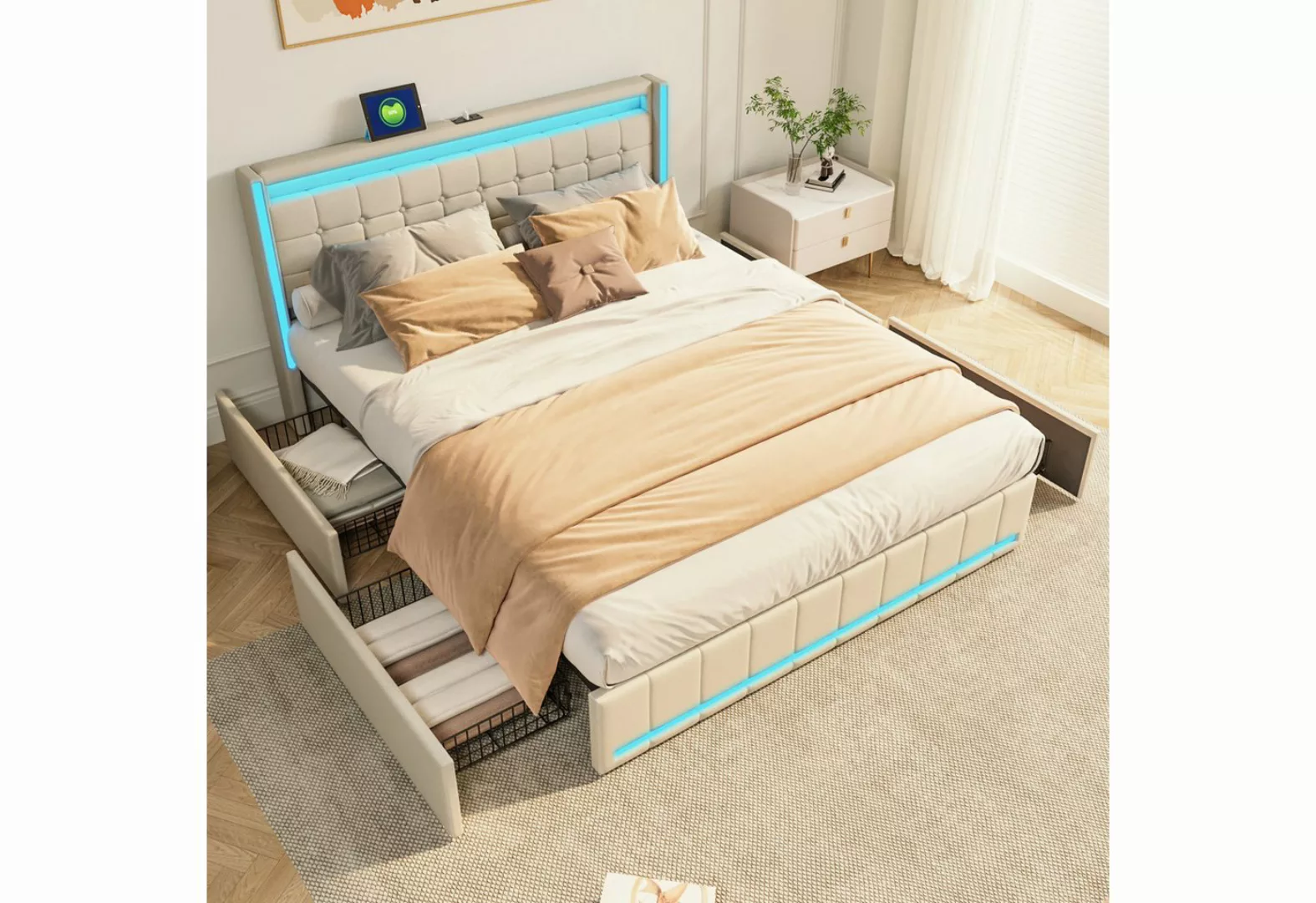 Furnishings Home Stauraumbett Polsterbett Doppelbett mit Ladefunktion + LED günstig online kaufen