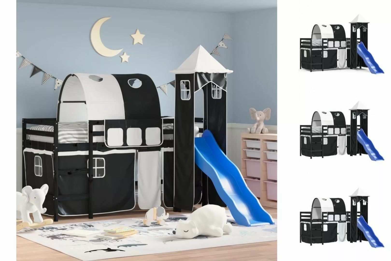 vidaXL Kinderbett Kinderhochbett mit Turm Weiß Schwarz 80x200 cm Kiefernhol günstig online kaufen