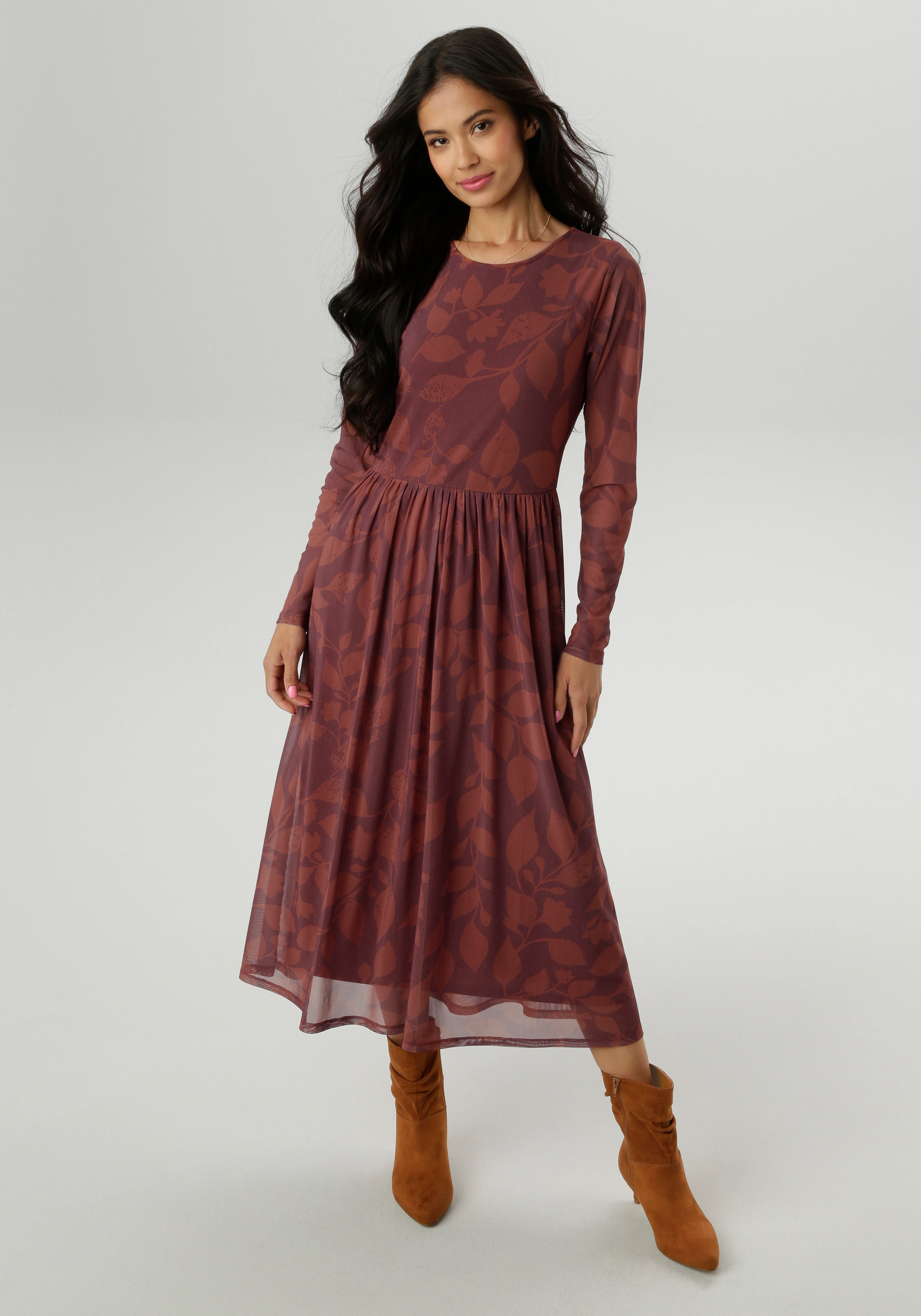 Aniston SELECTED Midikleid, mit floralem Blättermuster in warmen Brauntönen günstig online kaufen