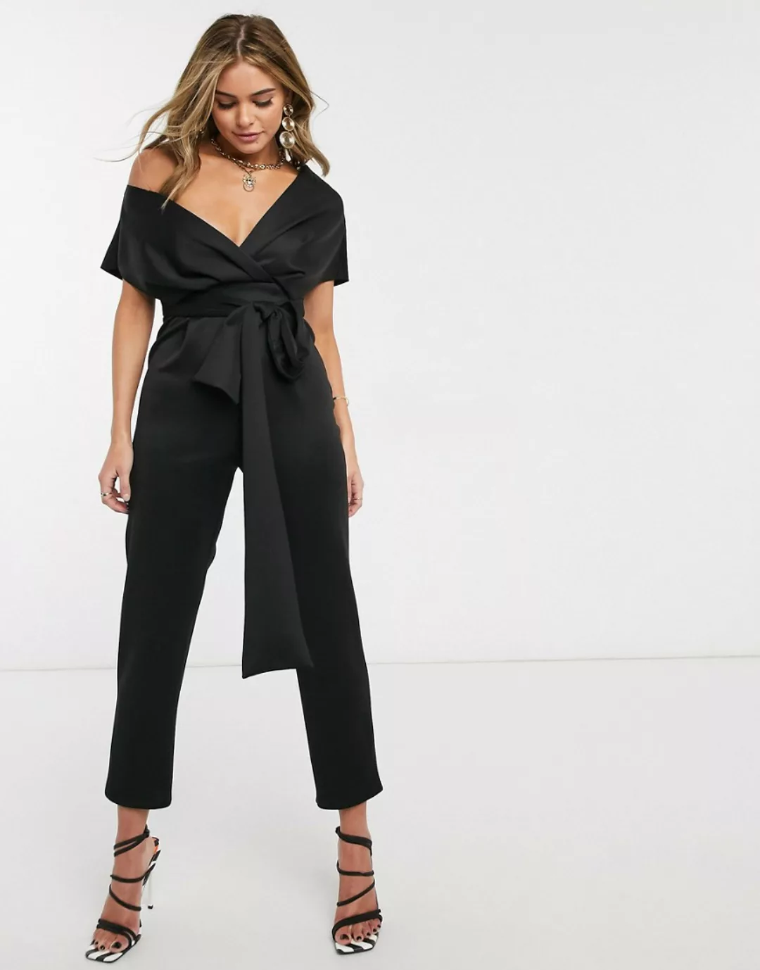 ASOS DESIGN – Jumpsuit aus Neopren mit abfallender Schulterpartie-Schwarz günstig online kaufen