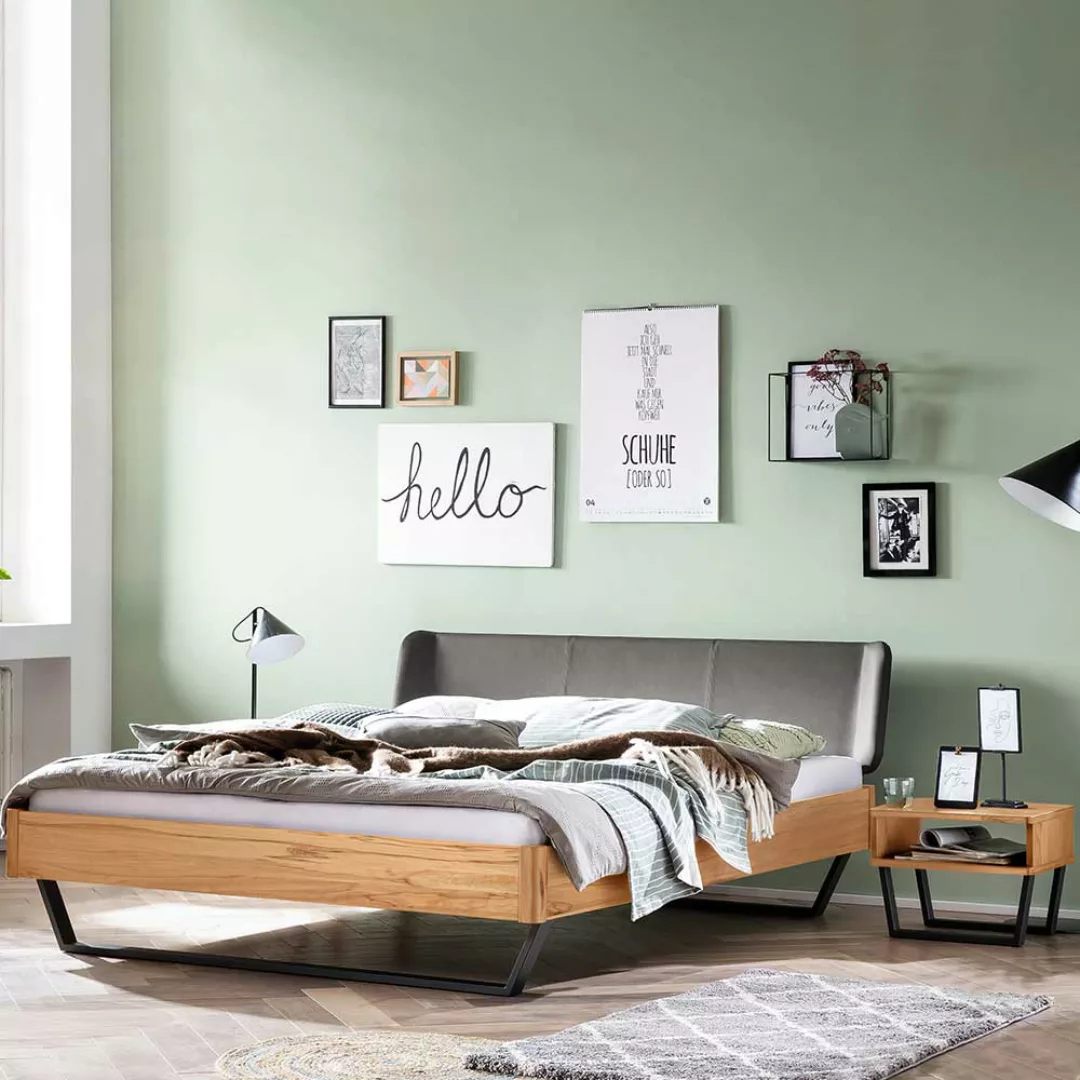 Holz Bett 140x200 mit Bügeln aus Wildbuche Massivholz Stahl günstig online kaufen