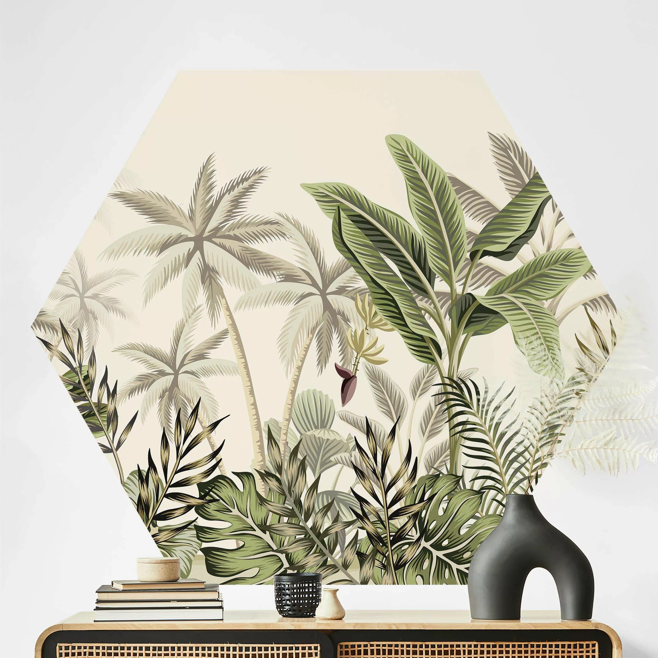 Hexagon Mustertapete selbstklebend Palmen im Dschungel günstig online kaufen