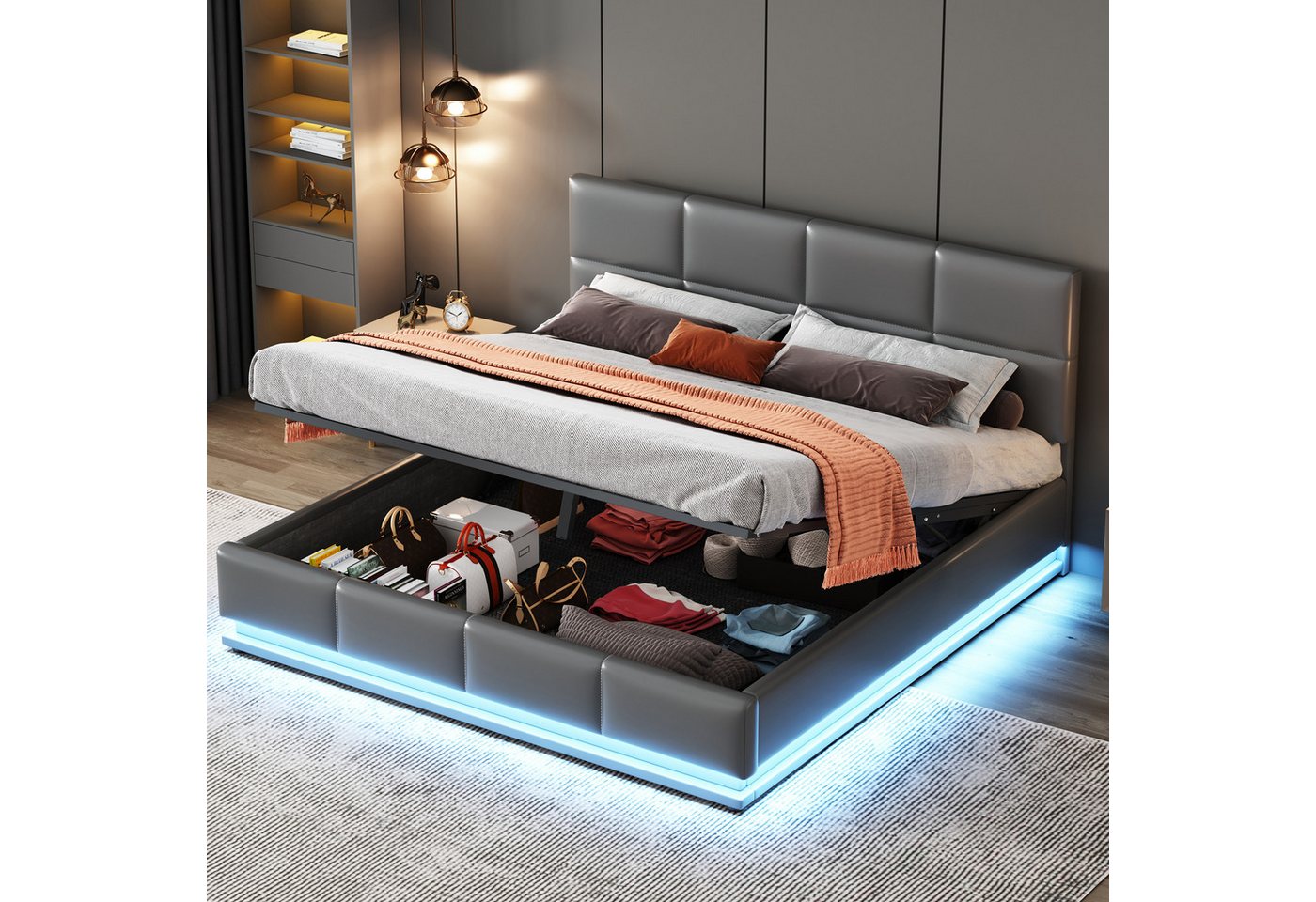 MODFU Polsterbett Doppelbett Stauraumbett Gästebett (mit LED Beleuchtung & günstig online kaufen