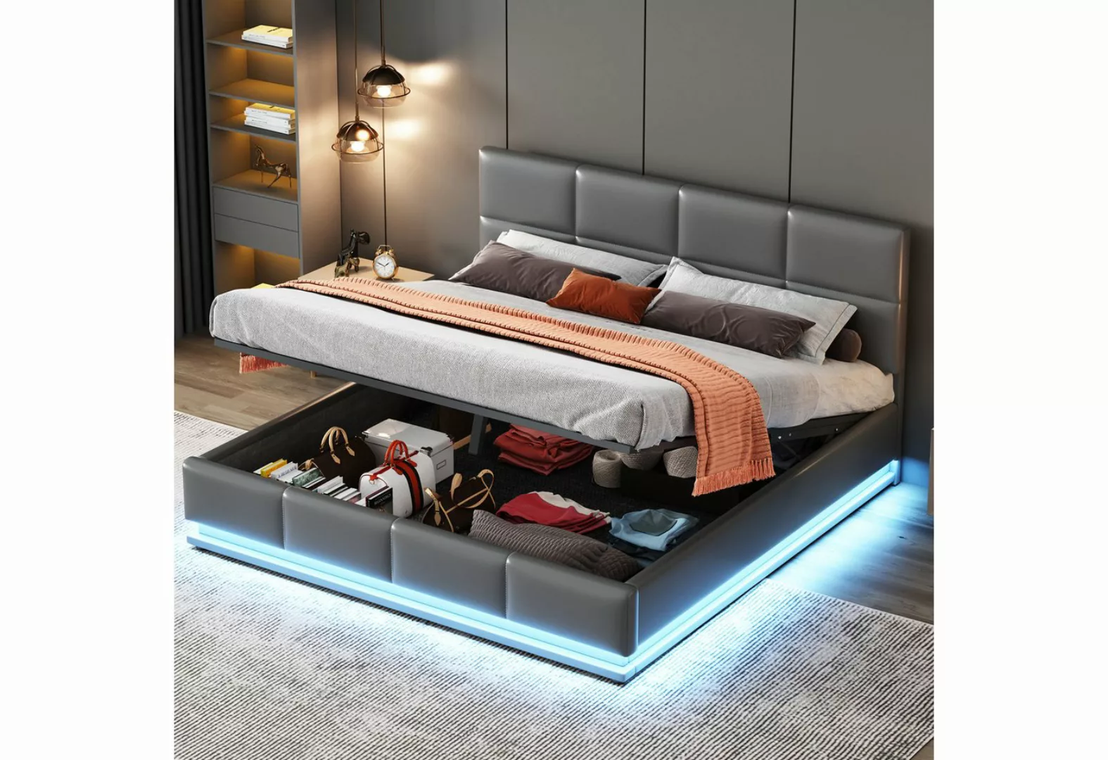 Rutaqian Polsterbett Stauraumbett mit LED Doppelbett 160 x 200 cm, hochwert günstig online kaufen