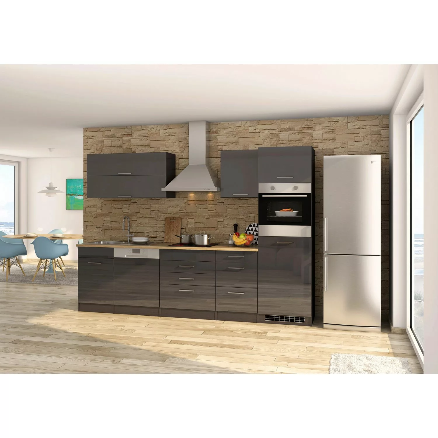 Held Möbel Küchenzeile Mailand 300 cm Grau Hochglanz-Grau Matt mit E-Geräte günstig online kaufen