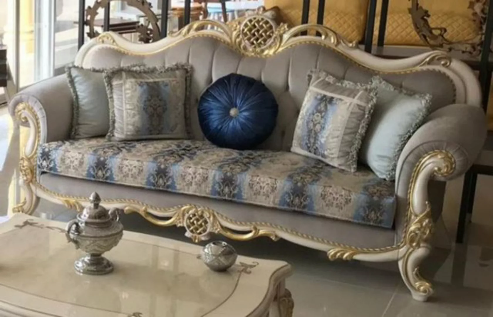 Casa Padrino Sofa Luxus Barock Sofa Grau / Blau / Weiß / Gold 222 x 82 x H. günstig online kaufen