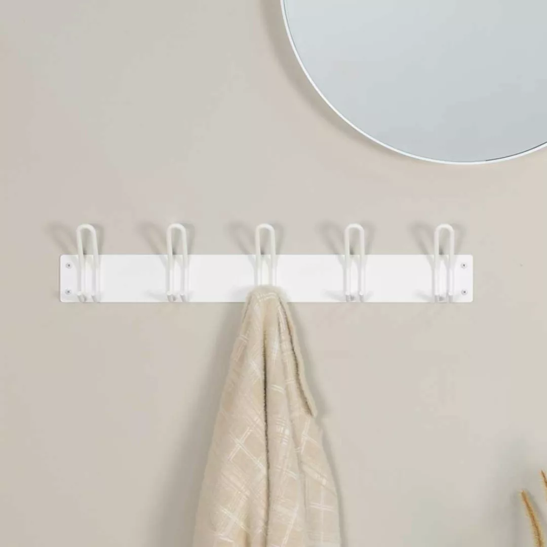 Weiße Wandgarderobenleiste mit 5 festen Haken Metall pulverbeschichtet günstig online kaufen