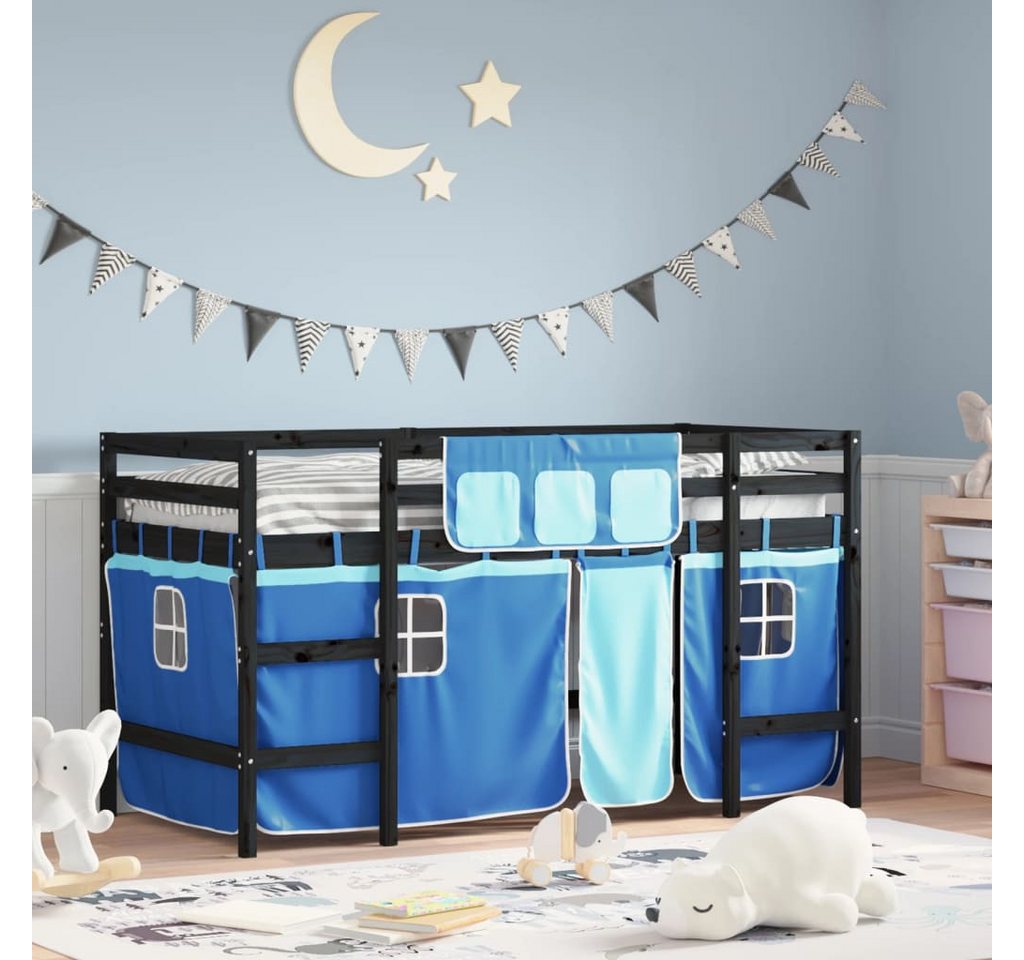 vidaXL Kinderbett Kinderhochbett mit Vorhängen Blau 90x200 cm Massivholz Ki günstig online kaufen