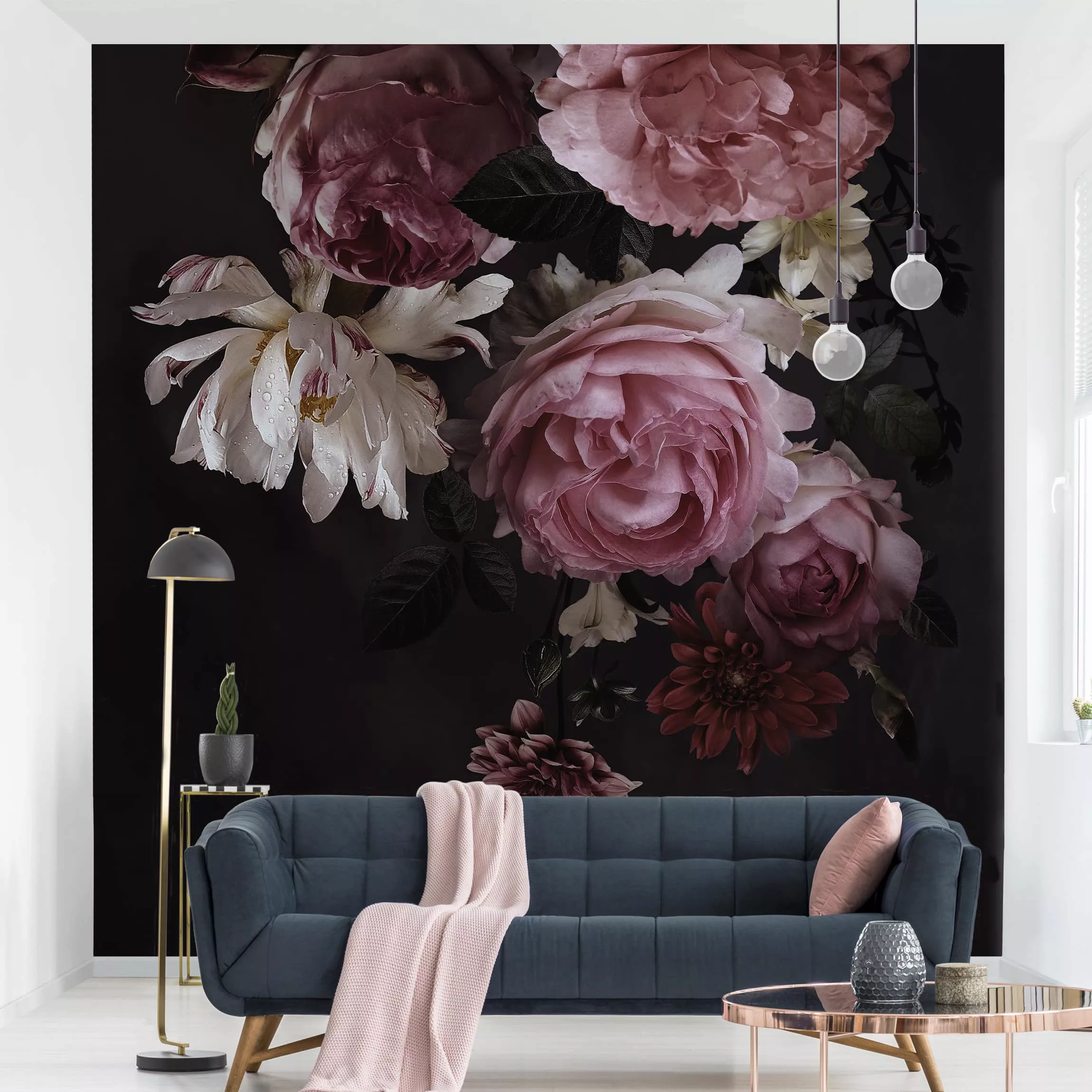 Bilderwelten Fototapete Rosa Blumen auf Schwarz schwarz Gr. 192 x 192 günstig online kaufen