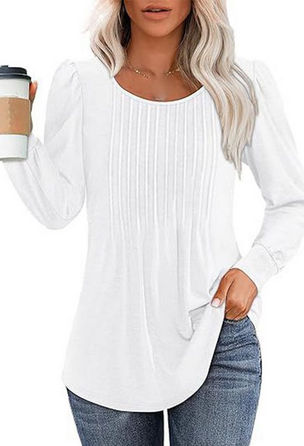 CHENIN Langarmhemd Damen Langarm Plissee Rundhalsausschnitt Top Shirt Fashi günstig online kaufen