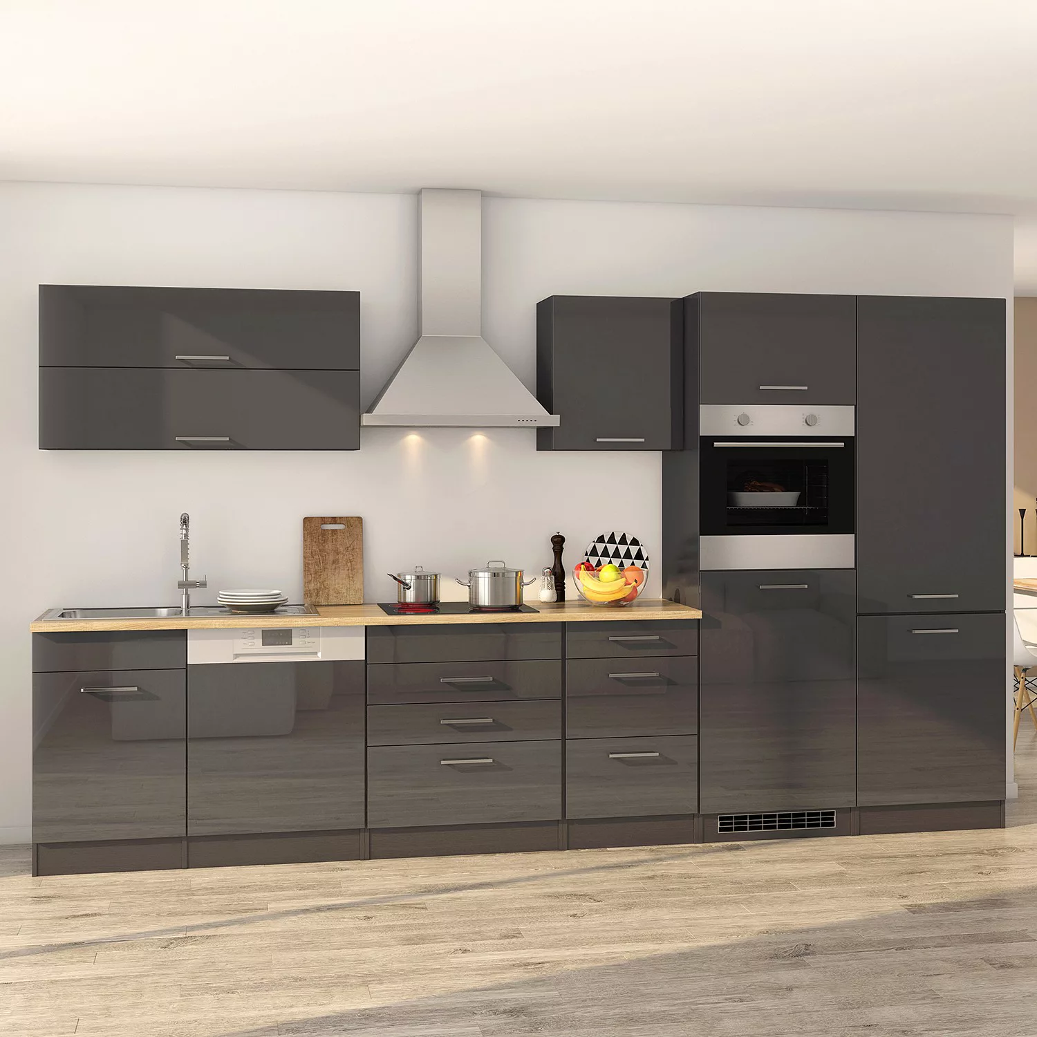 Held Möbel Küchenzeile Mailand 360 cm Grau Hochglanz-Grau Matt mit E-Geräte günstig online kaufen