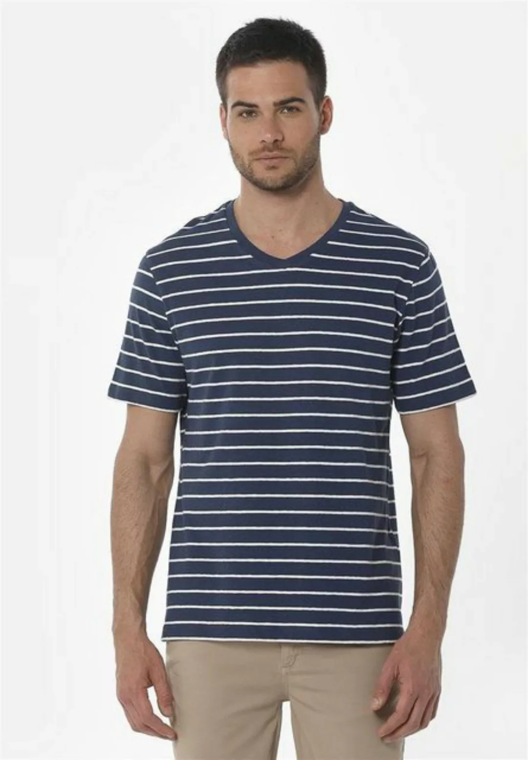 ORGANICATION T-Shirt Men's Striped V-neck T-shirt in Navy/Off White günstig online kaufen