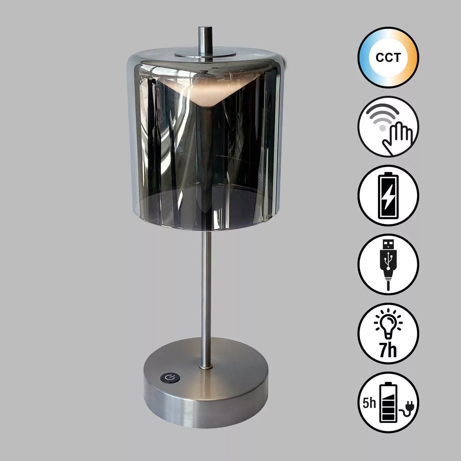 LED-Akku-Tischlampe Riva, nickel/rauch Höhe 34,5cm günstig online kaufen