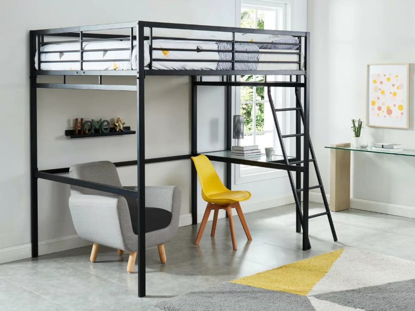 Set: Hochbett mit Schreibtisch + Matratze - 140 x 190 cm - Anthrazit - CASU günstig online kaufen