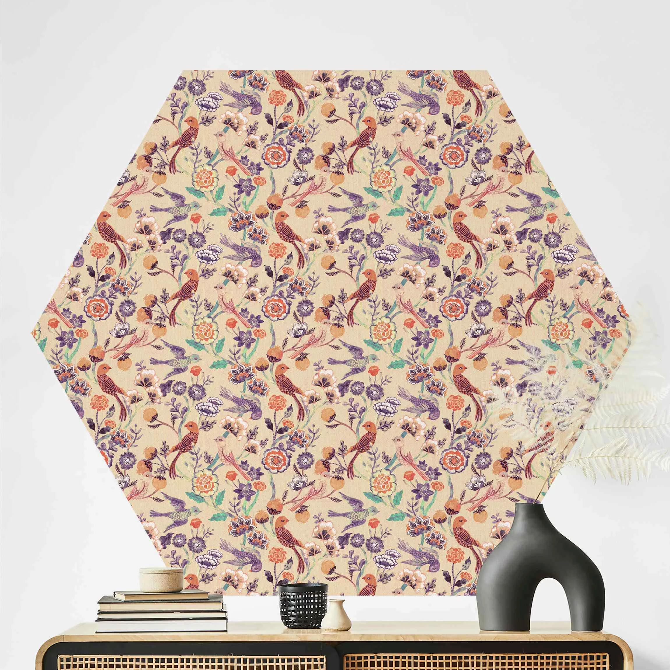 Hexagon Tapete selbstklebend Indisches Muster Vögel mit Blumen Beige günstig online kaufen