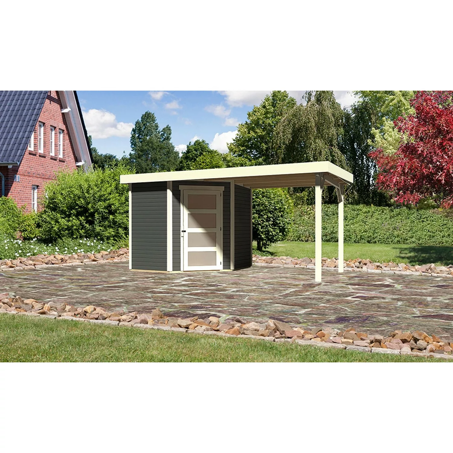 Karibu Holz-Gartenhaus/Gerätehaus Linköbing Terragrau Flachdach Lackiert 20 günstig online kaufen