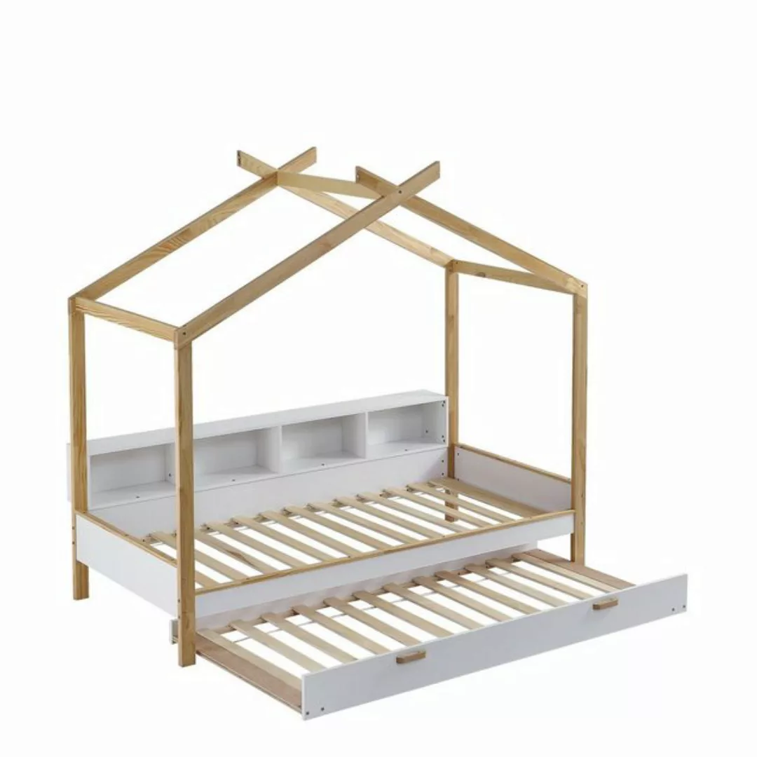 OKWISH Kinderbett mit vier Fächern Regale, mit ausziehbarem Rollbett (Kiefe günstig online kaufen