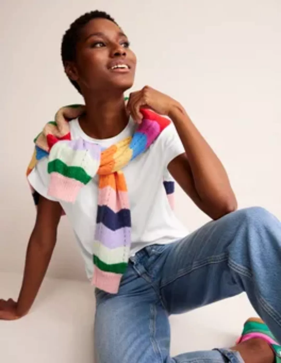 T-Shirt mit Umschlag-Ärmelbündchen und Rundhalsausschnitt Damen Boden, Weiß günstig online kaufen