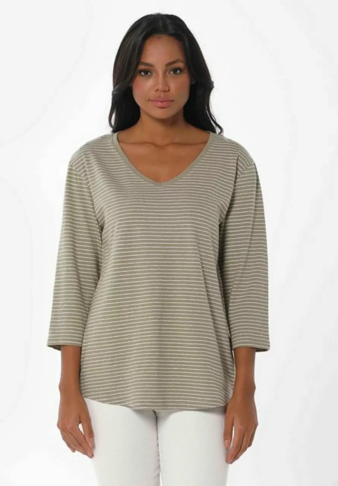 ORGANICATION T-Shirt Women's Striped 3/4 Sleeve T-shirt in Olive/Off White günstig online kaufen