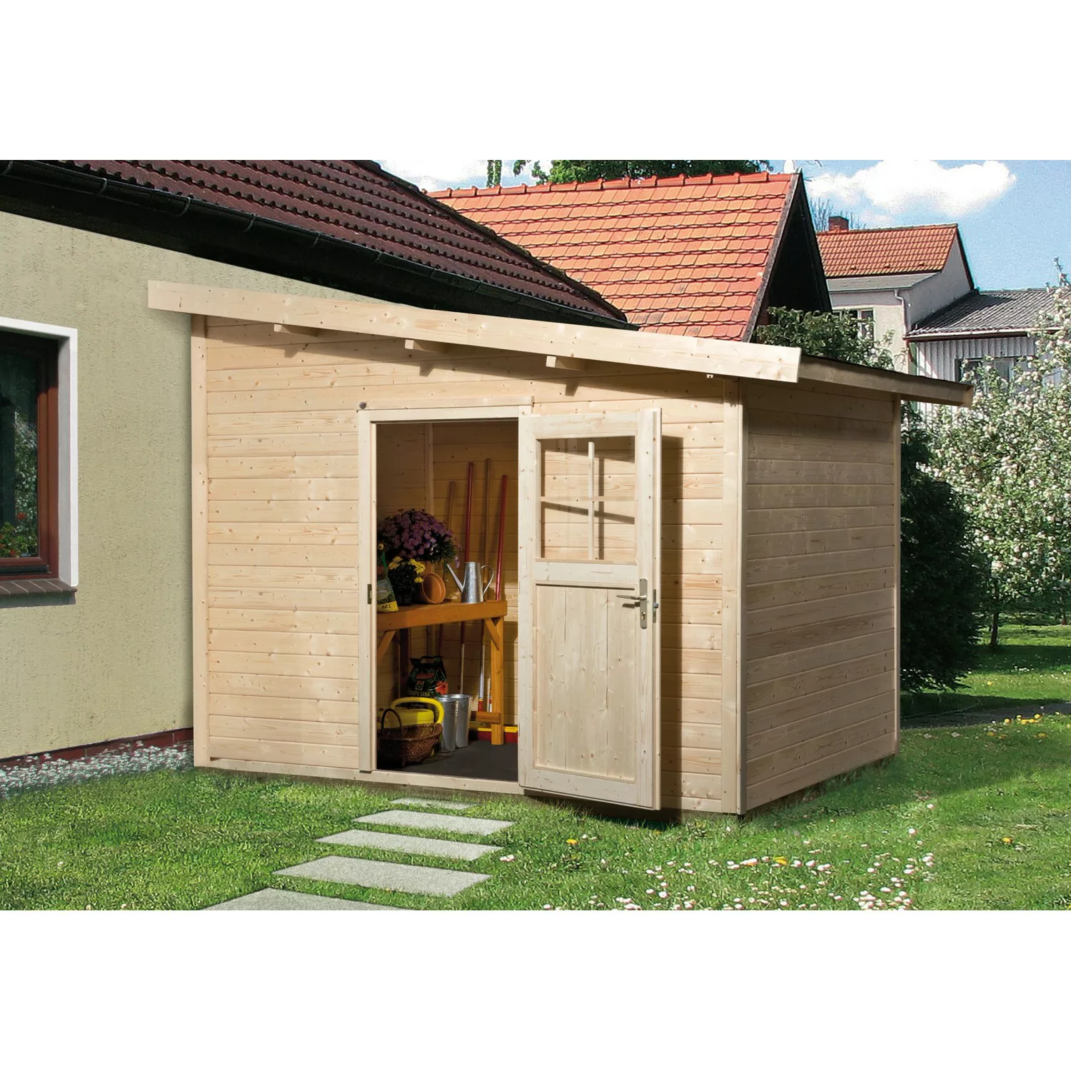 Weka Holz-Gartenhaus/Gerätehaus Pultdach Unbehandelt 300 cm x 277 cm günstig online kaufen
