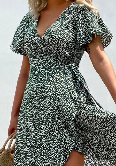 Cupshe Strandkleid V-Ausschnitt Ditsykleid mit ausgestellten Ärmeln Schnüru günstig online kaufen