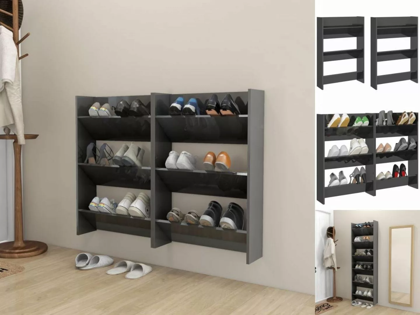 vidaXL Schuhschrank Wand-Schuhschränke 2 Stk Hochglanz-Grau 60x18x90 cm Spa günstig online kaufen