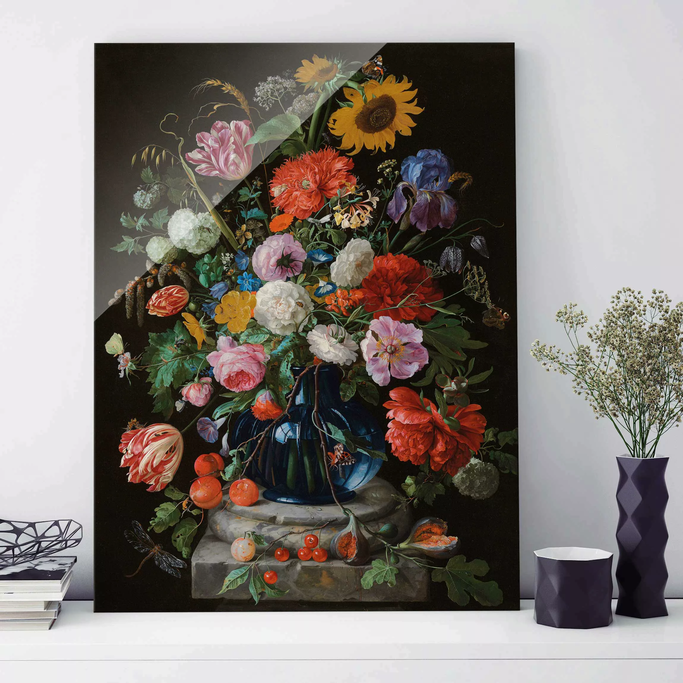 Glasbild Kunstdruck - Hochformat Jan Davidsz de Heem - Glasvase mit Blumen günstig online kaufen