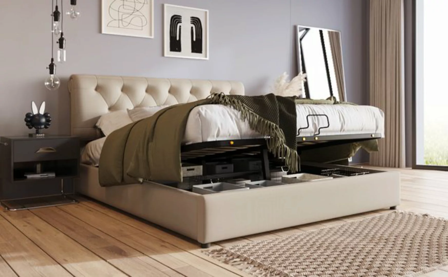 MODFU Polsterbett Doppelbett Bett Funktionsbett Massivholzbett gepolstert H günstig online kaufen