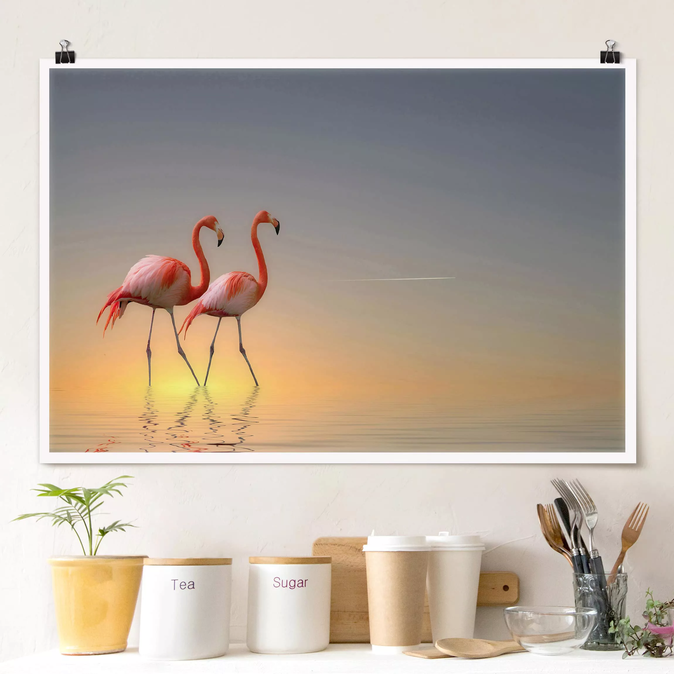 Poster Tiere - Querformat Flamingo Love günstig online kaufen
