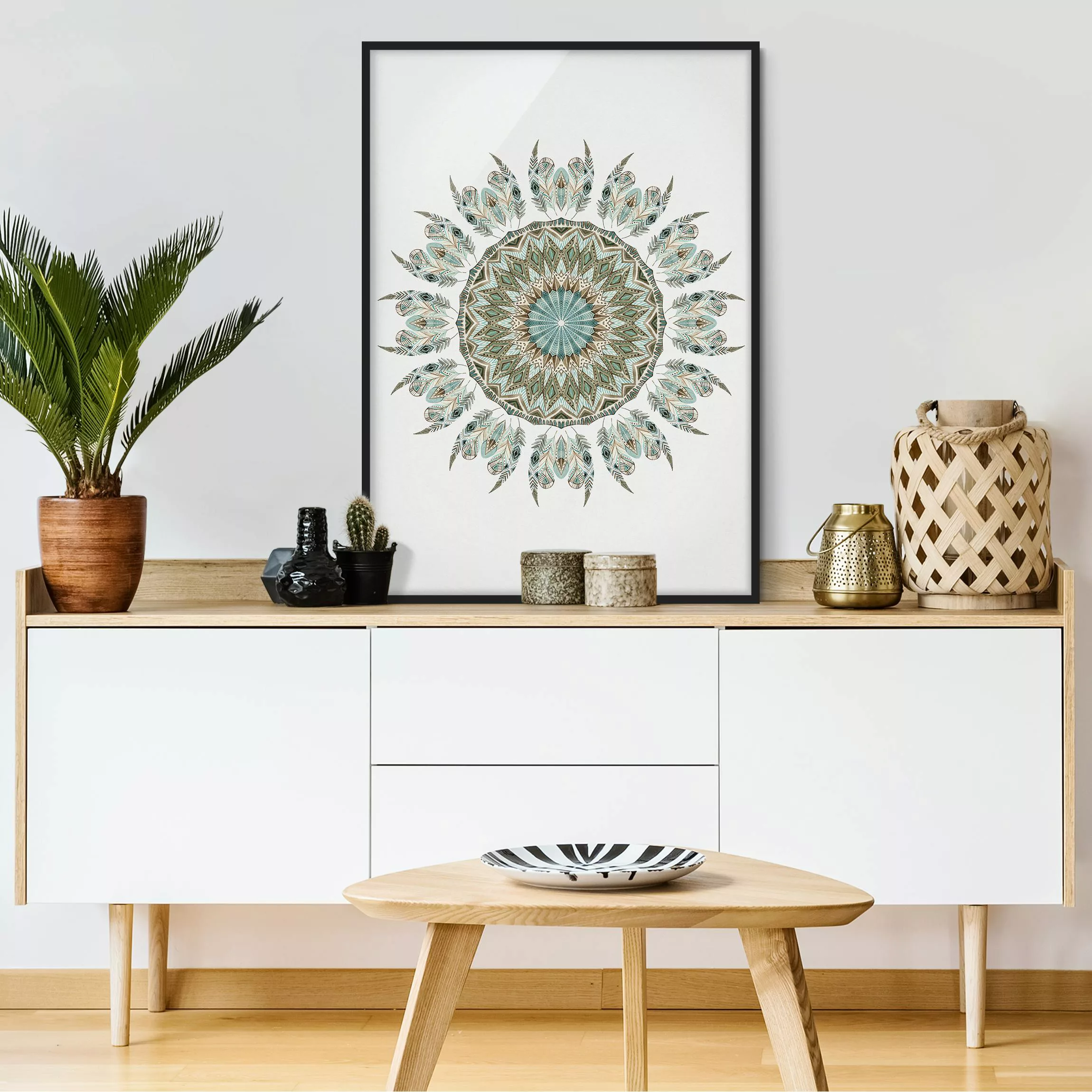 Bild mit Rahmen - Hochformat Mandala Aquarell Federn handgemalt blau grün günstig online kaufen