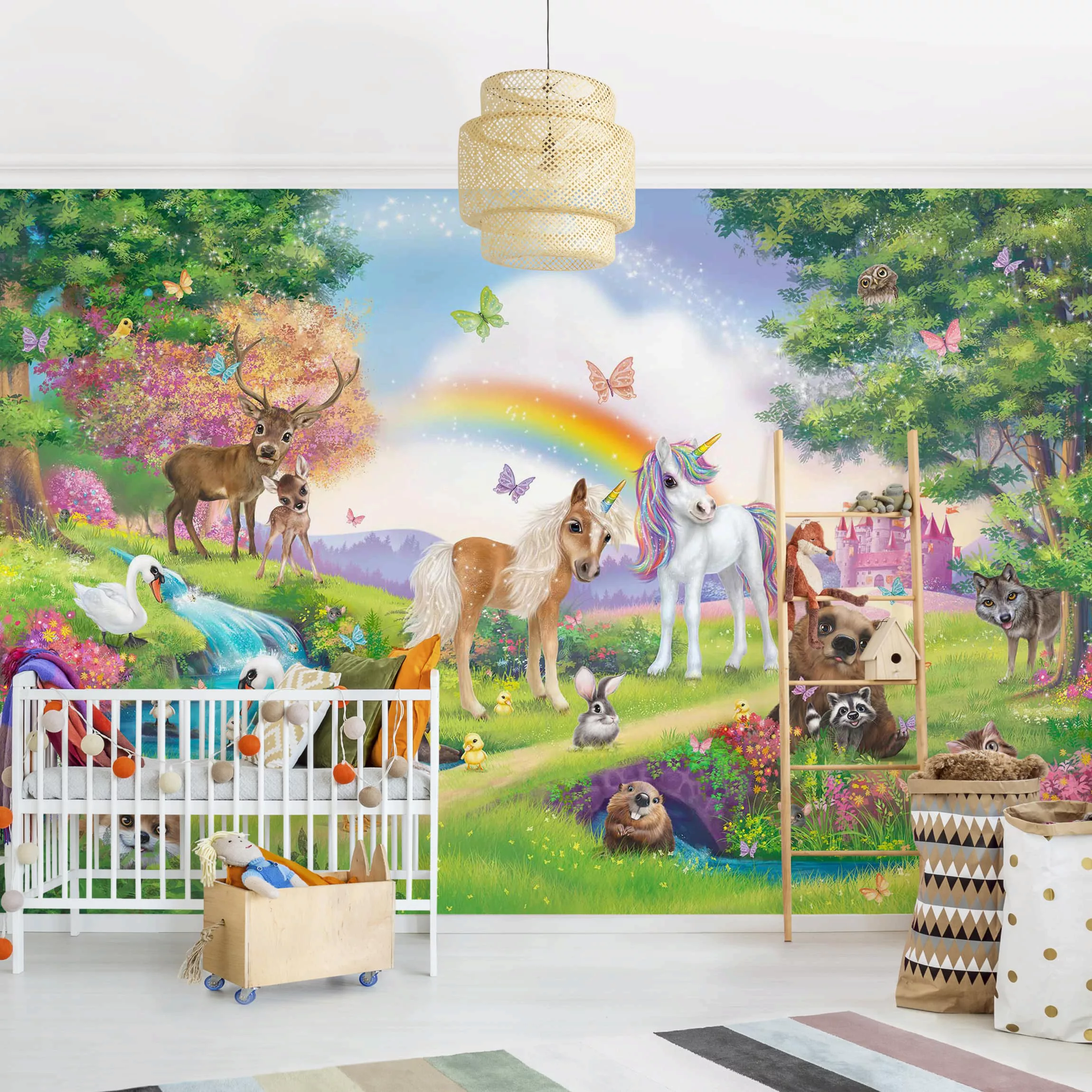 Bilderwelten Kindertapete Zauberwald mit Einhorn rosa Gr. 288 x 190 günstig online kaufen