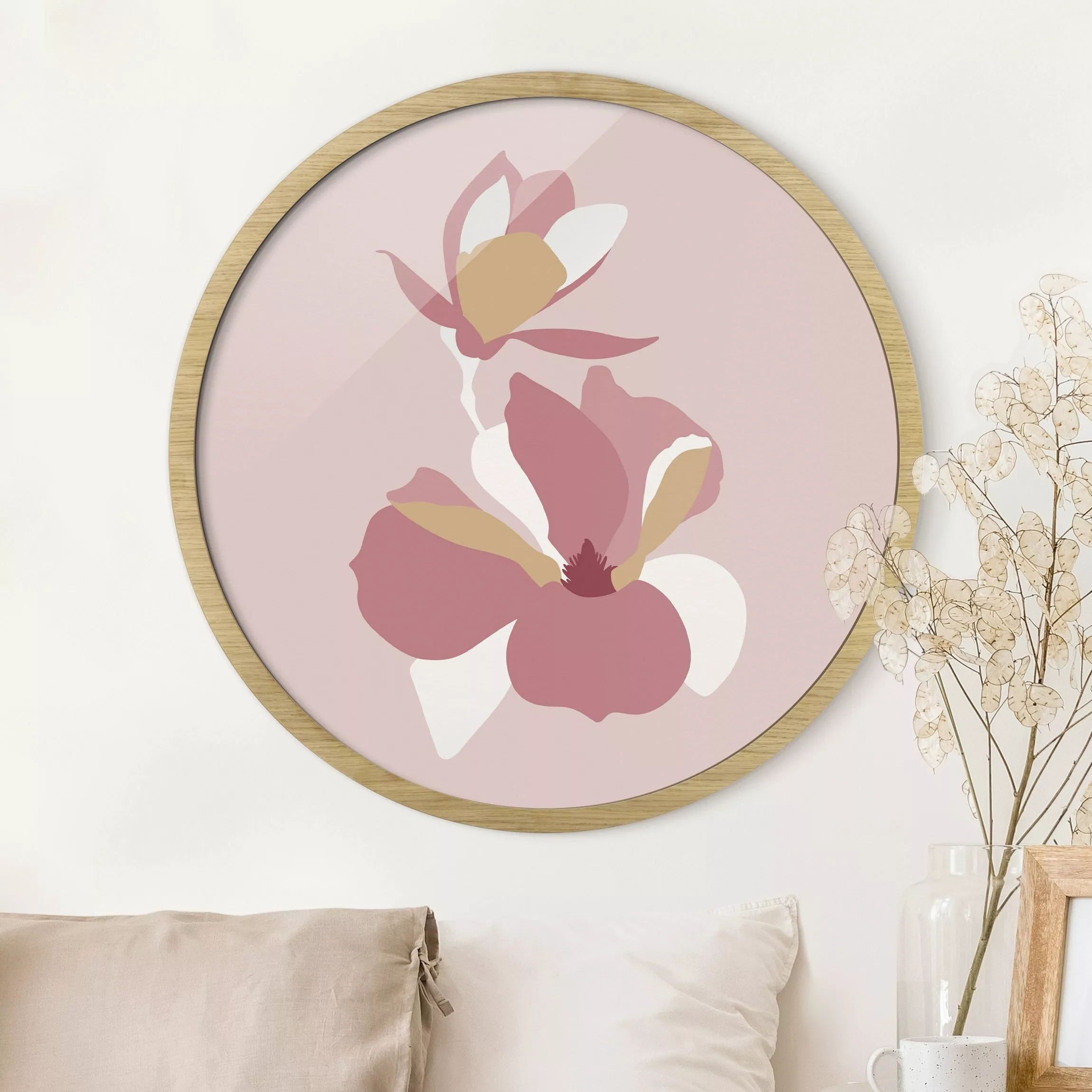 Rundes Gerahmtes Bild Line Art Blüten Pastell Rosa günstig online kaufen
