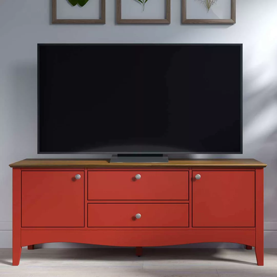 TV Unterschrank in Kiefer dunkel und Rot modernen Landhausstil günstig online kaufen
