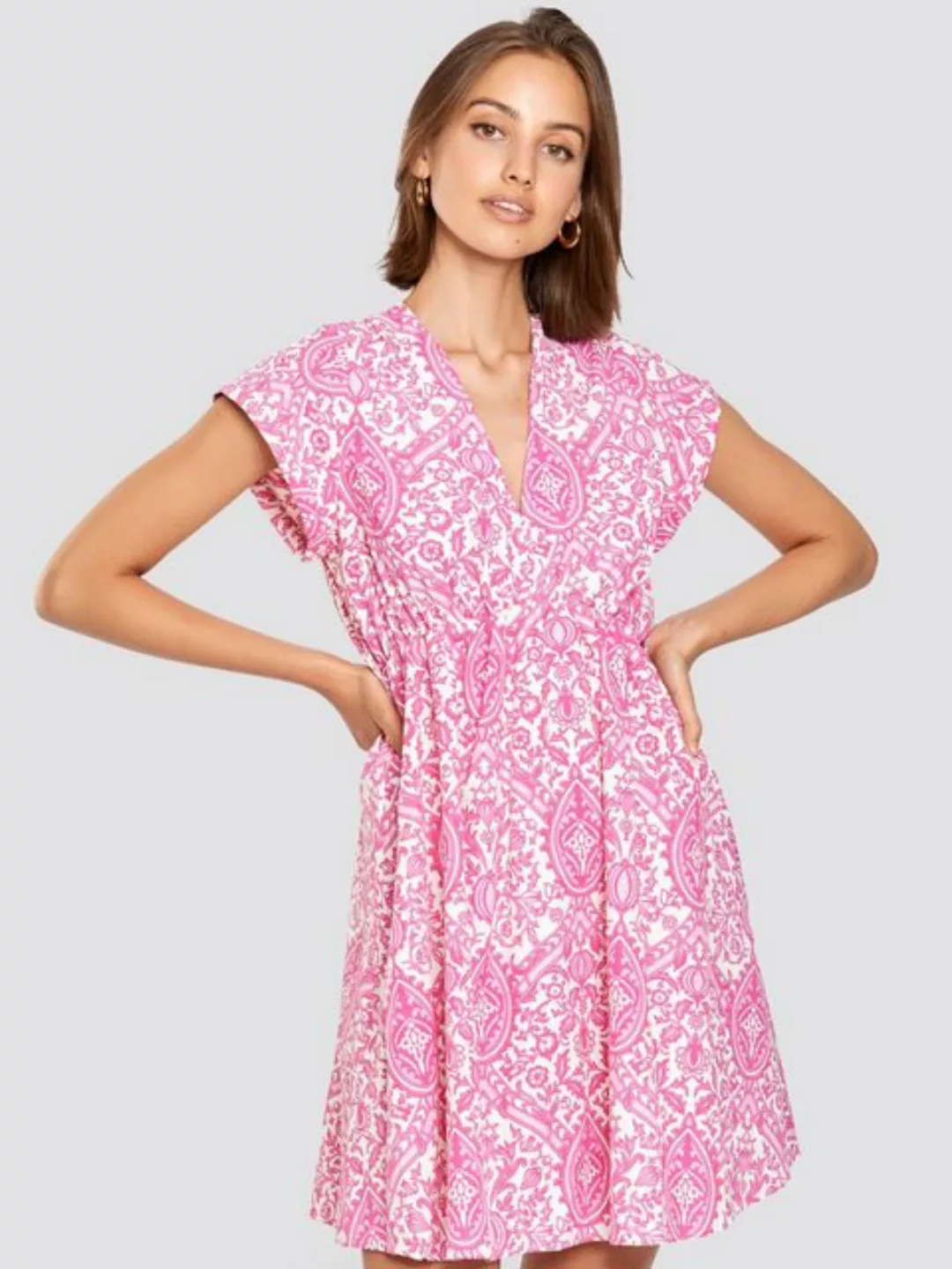 Freshlions Minikleid Gemustertes Kleid pink L Sonstige, Taillentunnelzug günstig online kaufen