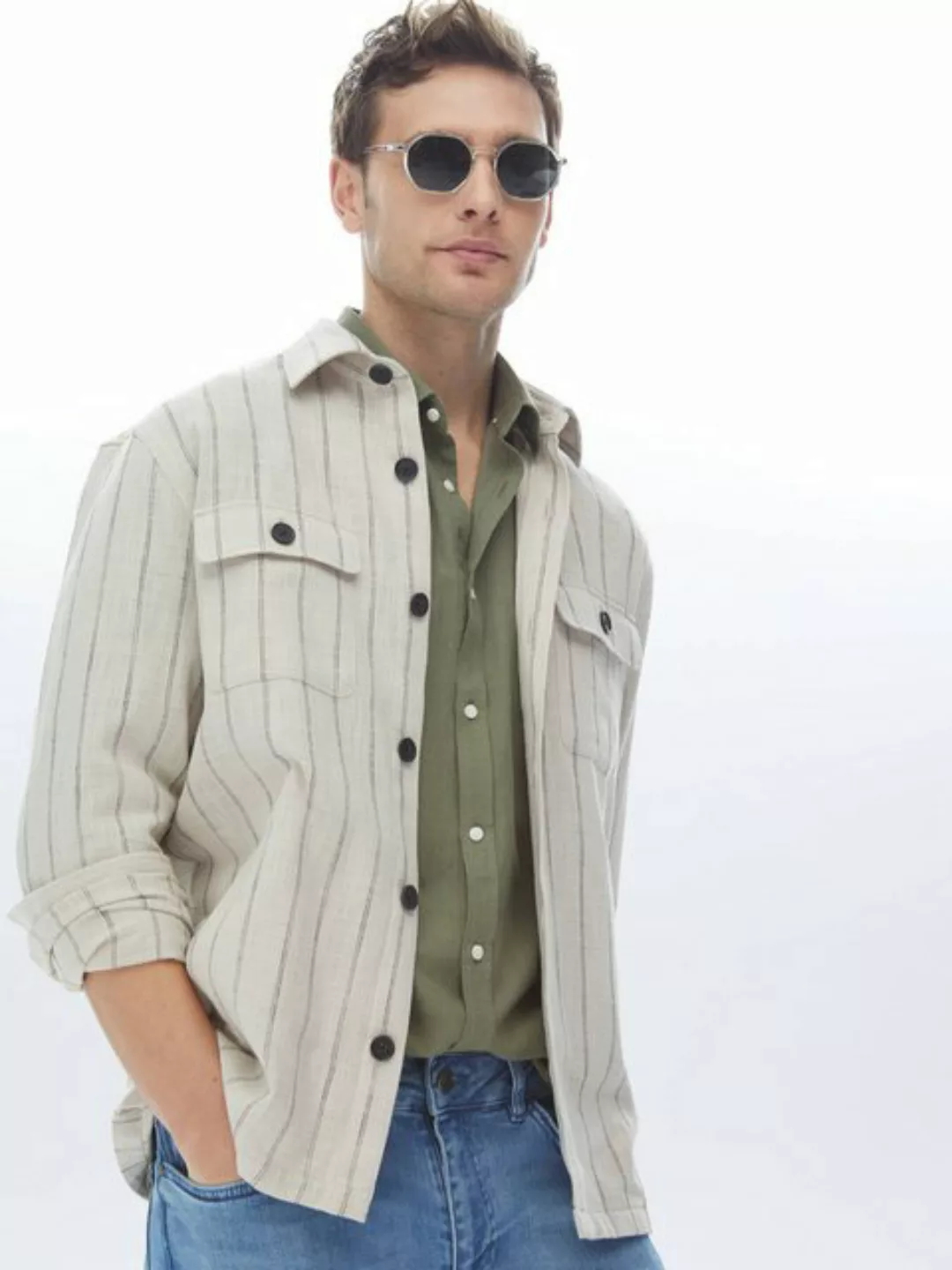 KİP Langarmhemd Beige Gestreiftes Oversize-Fit Gewebe 100% Baumwolle Oversh günstig online kaufen