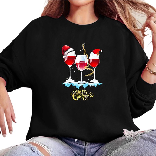 MC Star Weihnachtssweatshirt Frohe Weihnachten-Shirts für Frauen, Weinglas, günstig online kaufen