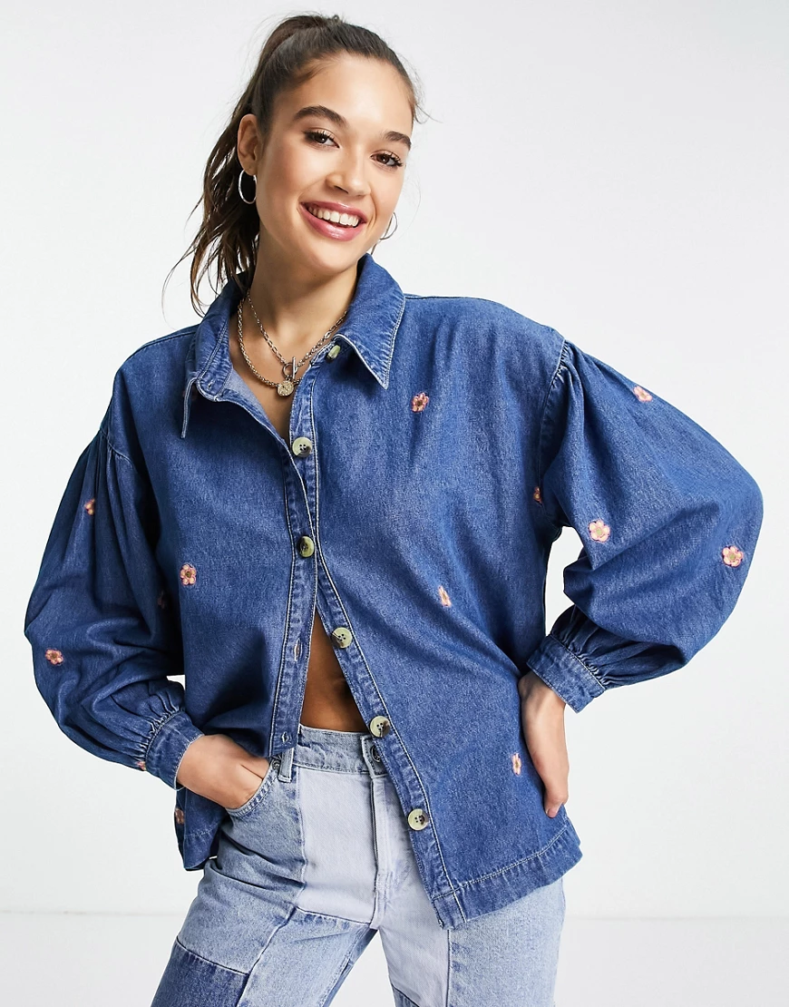 Native Youth – Oversize-Jeanshemd mit Blumenstickerei, Kombiteil-Blau günstig online kaufen