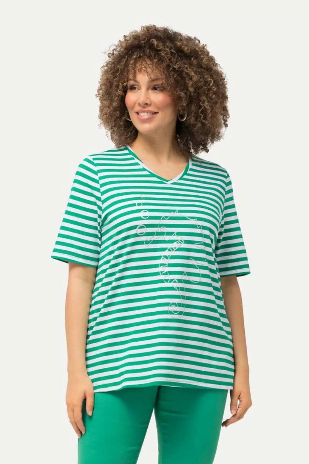 Ulla Popken Rundhalsshirt Shirt Ringel Metallic-Tier V-Ausschnitt Halbarm günstig online kaufen